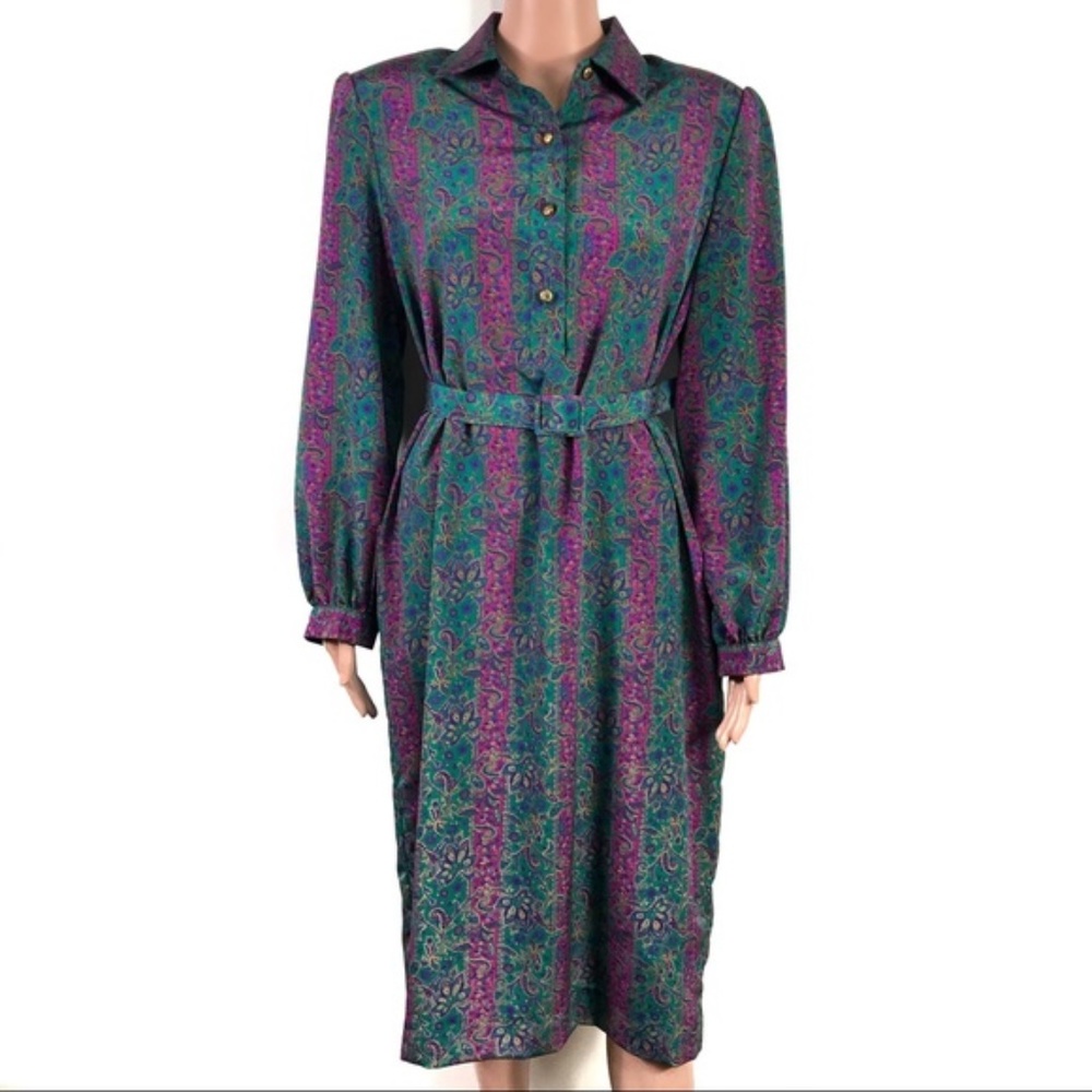 Don Elliot Vintage Green Printed Midi Dress w Belt
